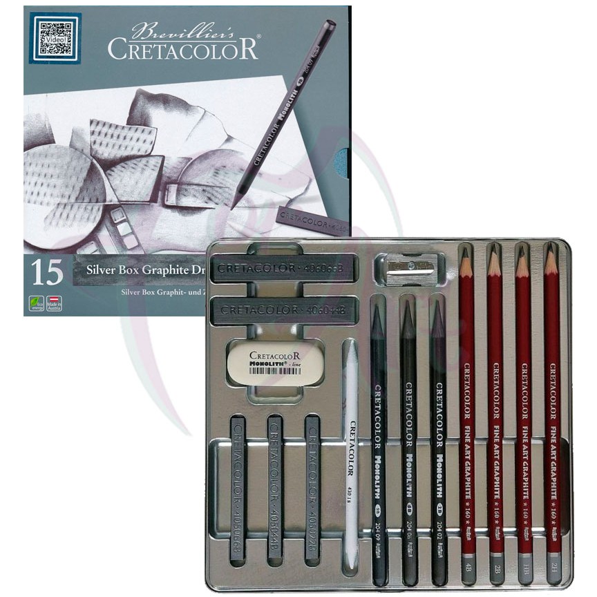 Набор для рисования набросков и эскизов Cretacolor Silver Box 17 предметов в металлической коробке