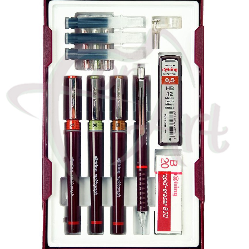 Чертежный набор Rotring 3 рапидографа + аксессуары в пластиком пенале