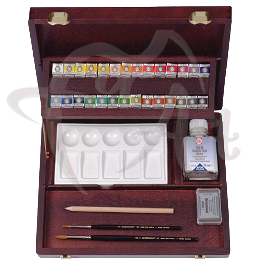 Набор профессиональных акварельных красок Rembrandt Professional box 28 кювет + аксессуары в деревянном ящике