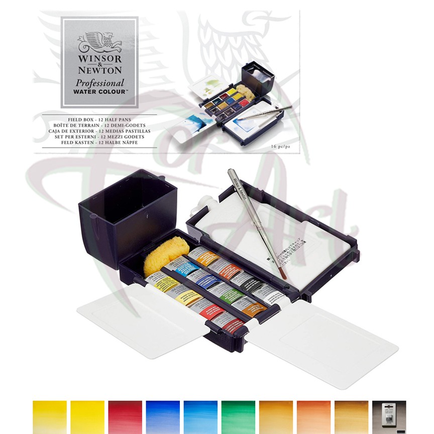 Набор акварельных профессиональных красок Winsor Newton Professional Field Box/12 цветов(полукюветы)+аксессуары в пластиковой коробке