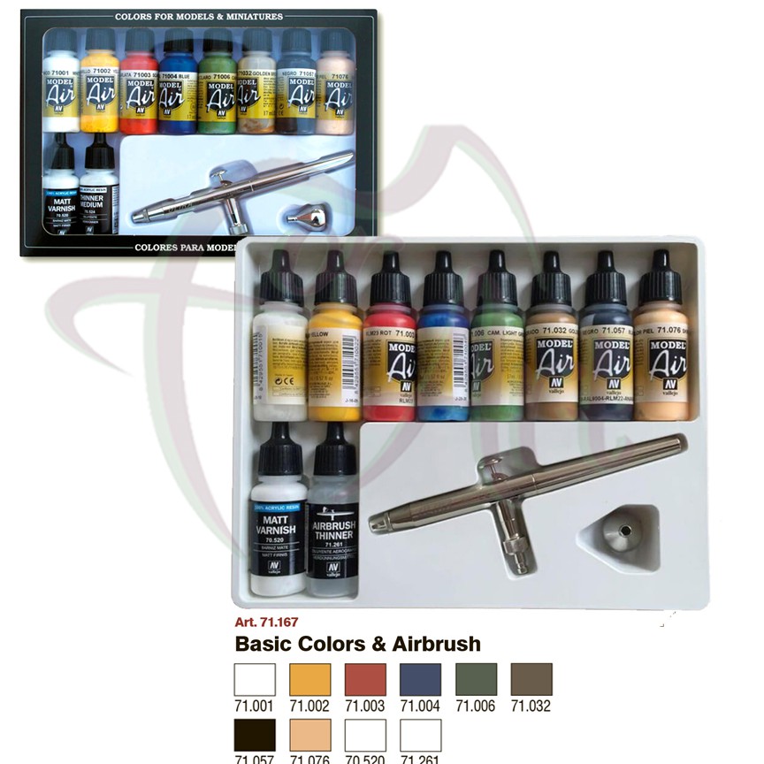 Набор красок для моделизма Vallejo Model Air - BASIC COLORS & AIRBRUSH (аэрограф в комплекте)/10 цветов