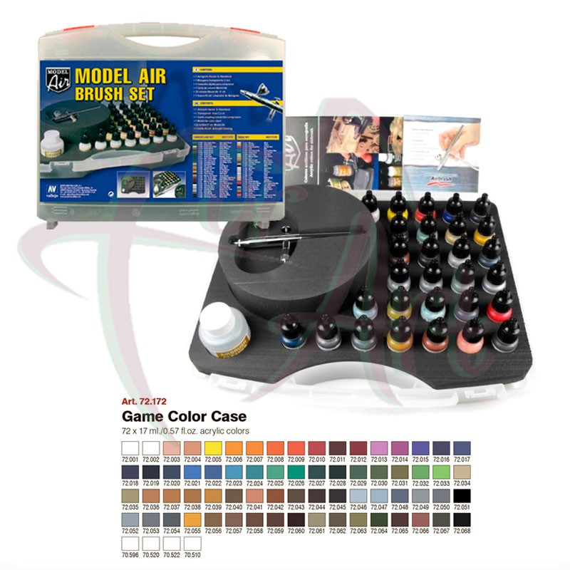 Набор красок для моделизма Vallejo Model Air - BASIC COLORS & AIRBRUSH/ 29 цветов +аэрограф и аксессуары в комплекте