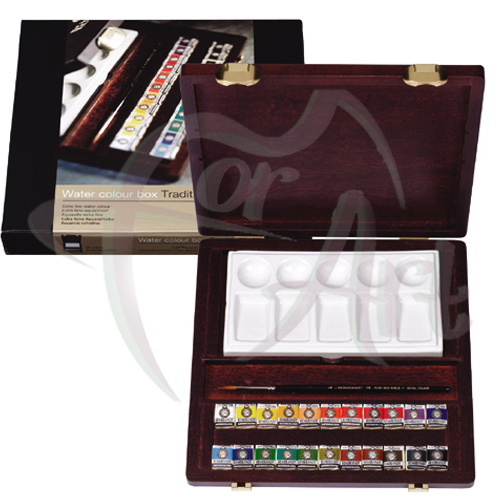 Набор профессиональных акварельных красок Rembrandt Traditional box 22 кювета + аксессуары в деревянном ящике