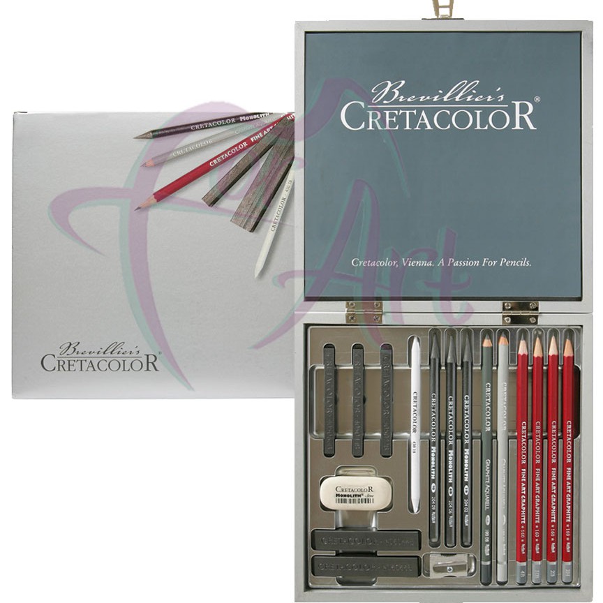 Набор подарочный для рисования набросков и эскизов Cretacolor Silver Box 17 предметов в деревянной коробке